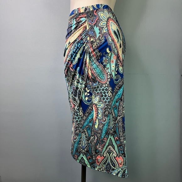 Sunny Leight Petites Blue Paisley Tulip Hem Faux Wrap Midi Pull On Skirt Size PL - Picture 2 of 13